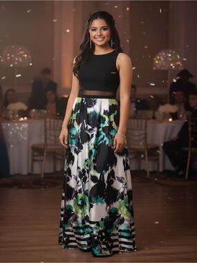 BETSY & ADAM NWT FULL LENGTH BLACK WITH SCREEN MIDRIFF FLOWING PATTERNED DRESS
